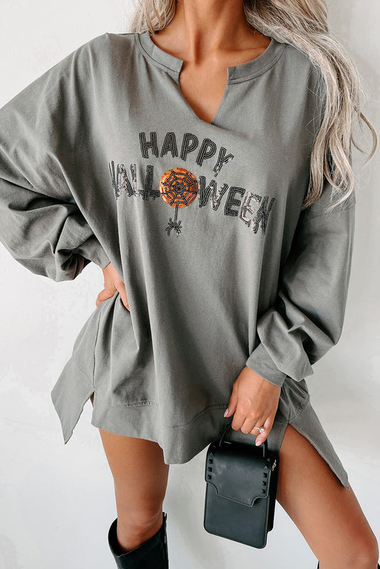 Medium Grey Sequin Happy Halloween Graphic Notched Neck Long Sleeve Loose Top