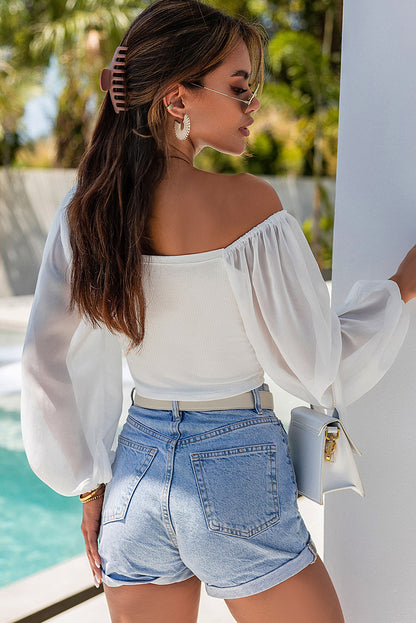 White Drawstring Front Sheer Puff Sleeve Crop Top