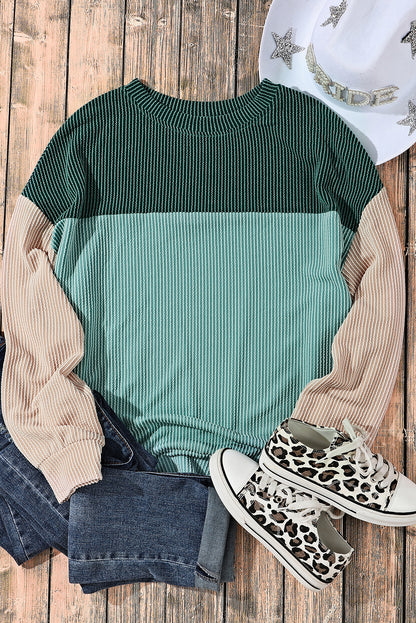 Green Color Block Long Sleeve Ribbed Loose Top