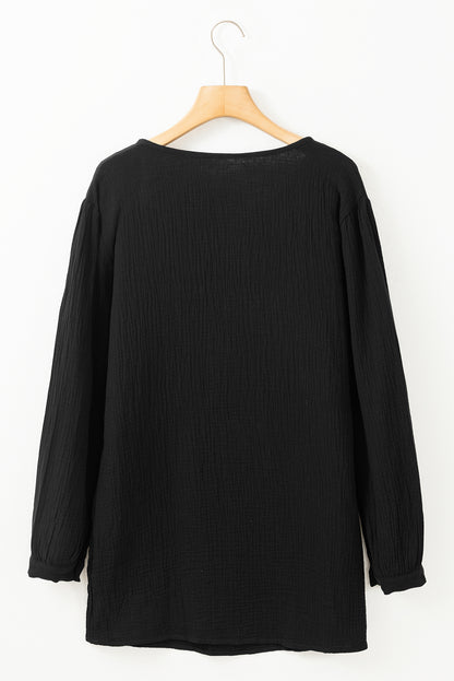 Black Casual Pleated V Neck Textured Loose Top