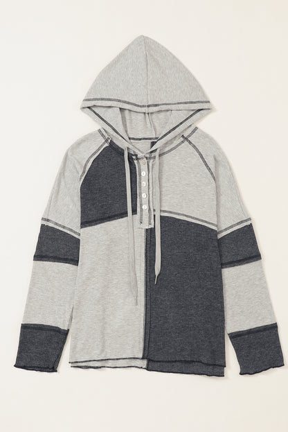 Gray Colorblock Seamed Ribbed Henley Hoodie