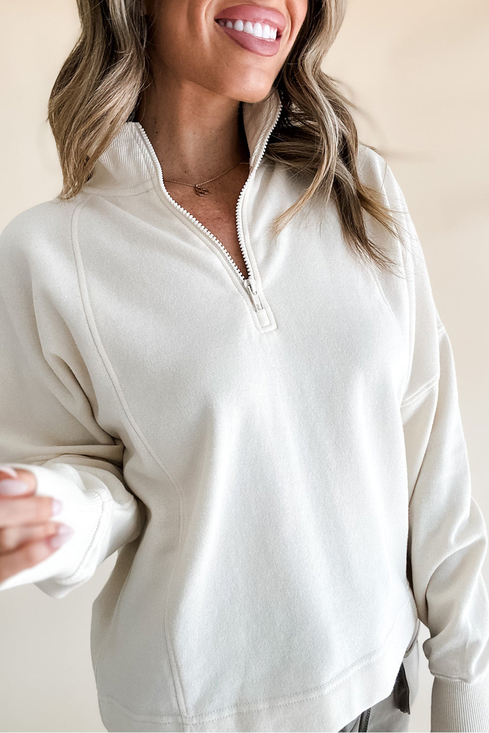 White Zipped Neck Pullover Drop Shoulder Sweatshirt