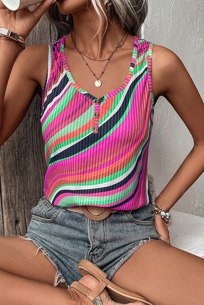 Purple Wavy Striped Buttoned V Neck Tank Top