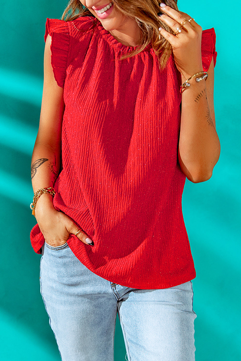 Fiery Red Ruffled Ribbed O-neck Sleeveless Top