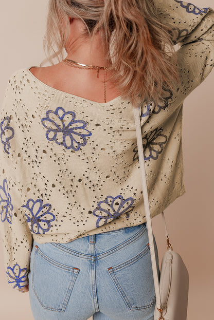 Beige Contrast Flower Print Eyelet Drop Shoulder Sweater