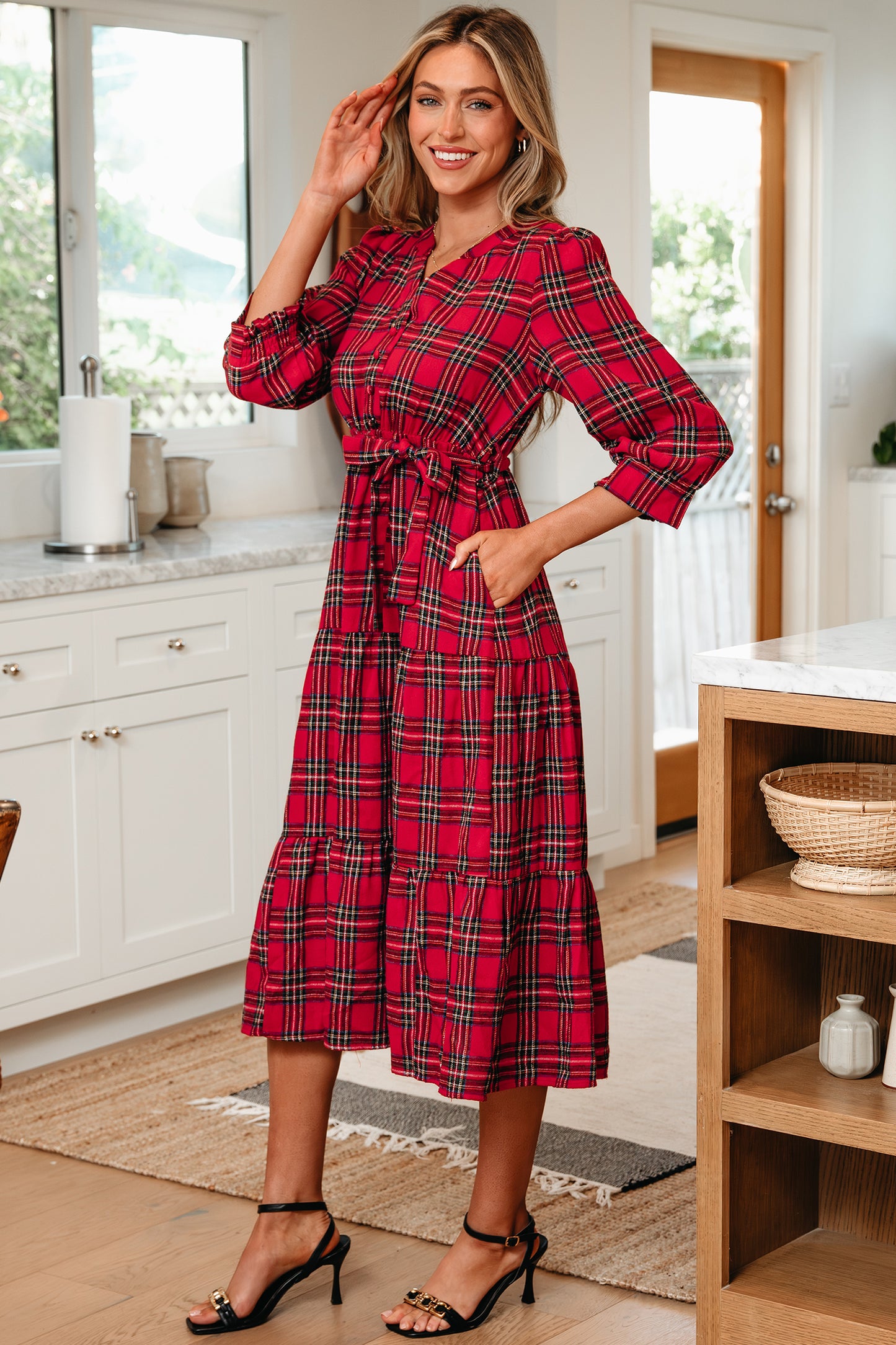 Red Christmas Plaid V Neck 3/4 Sleeve Tie Waist Ruffle Hem Long Dress