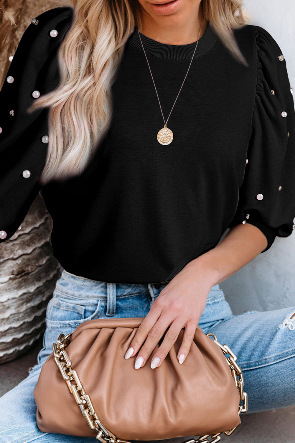 Black Rhinestone Pearl Puff Half Sleeve Top