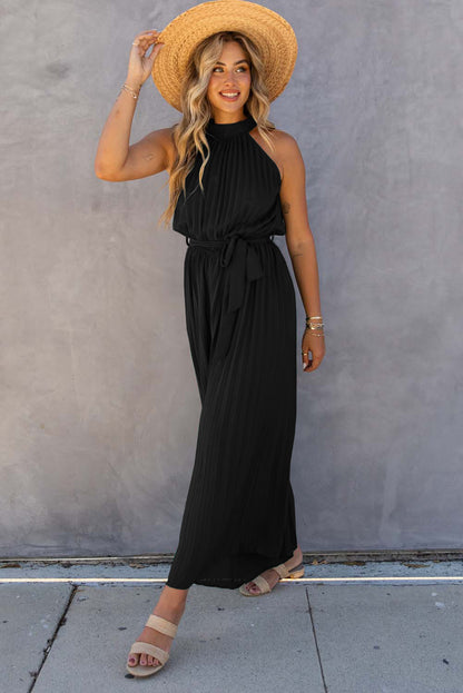 Black Halter Neck Pleated Wide Leg Jumpsuit with Belt