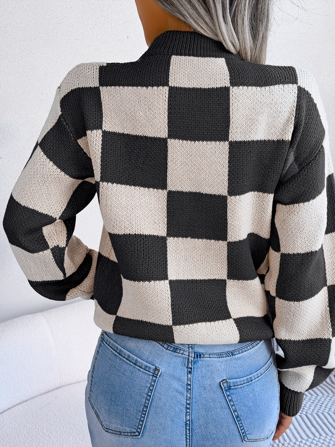 Checkered Mock Neck Long Sleeve Sweater