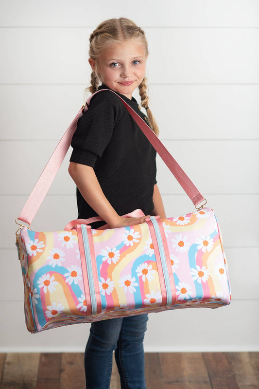 Kids Pink Rainbow Retro Daisy Duffle Bag Travel Weekender