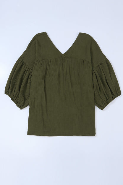 Green Textured V Neck Bracelet Sleeve Babydoll Blouse