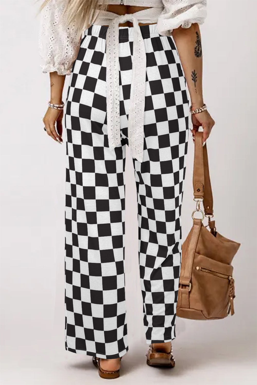 Black 2-Tone Checked Print High Waist Wide Leg Pants