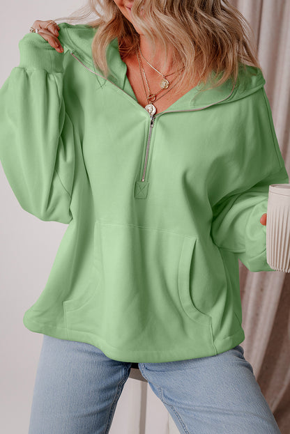 Smoke Green Fleece Lined Half Zipper Kangaroo Pockets Loose Hoodie