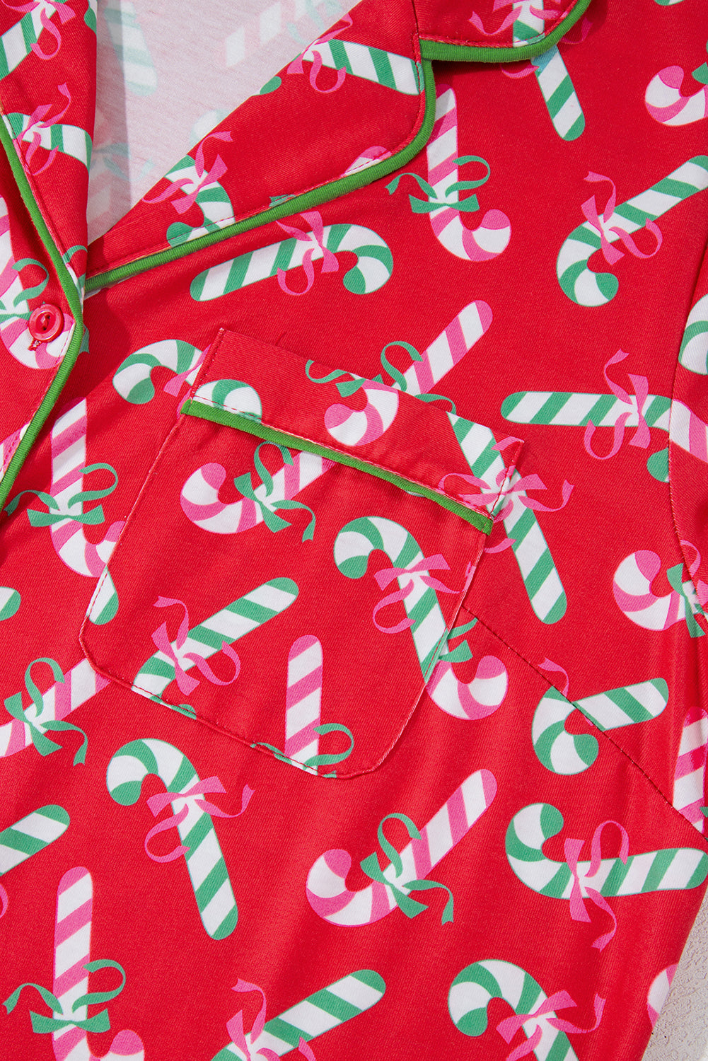 Red Christmas Candy Cane Print Pocketed Knotted Pajama Set