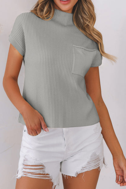 Gray Patch Pocket Ribbed Knit Short Sleeve Sweater