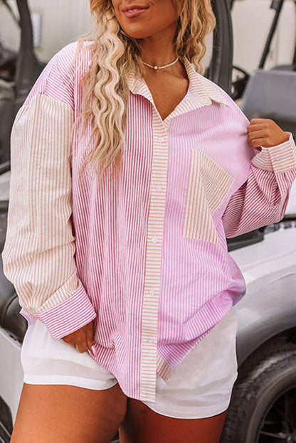 Pink Stripe Print Colorblock Plus Size Shirt