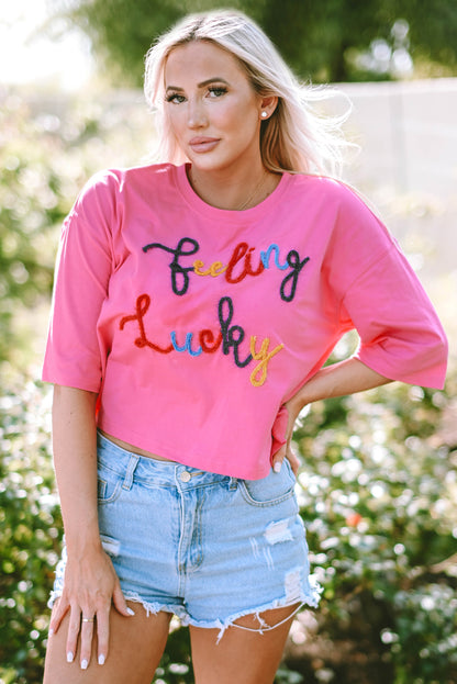 Bonbon Feeling Lucky Embroidered Letter Graphic Half Sleeve Top