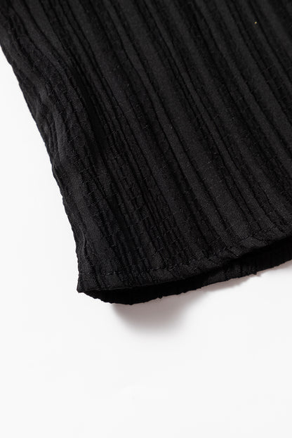 Black Textured Ruffled Sleeve V Neck Top