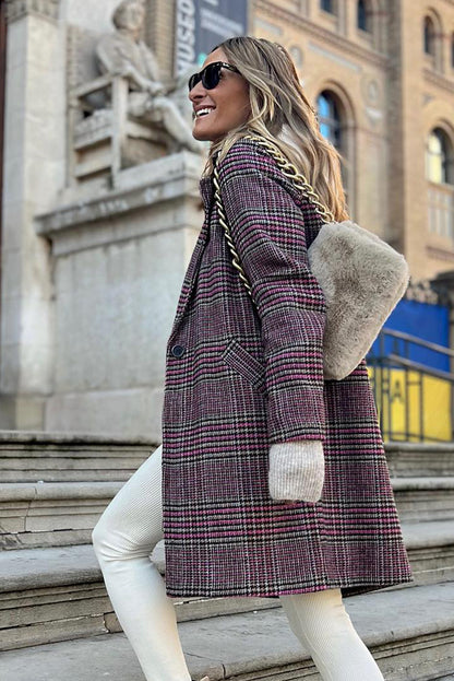 Pink Plaid Lapel Collar One Button Midi Coat