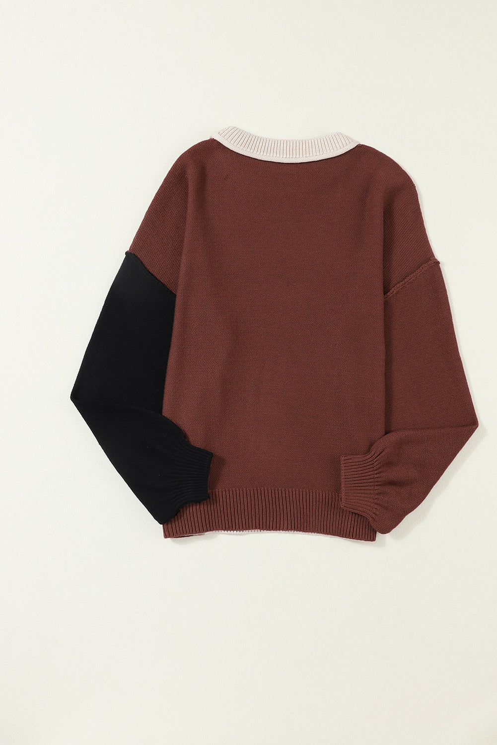 Coffee Colorblock Bishop Sleeve Ribbed Trim Sweater