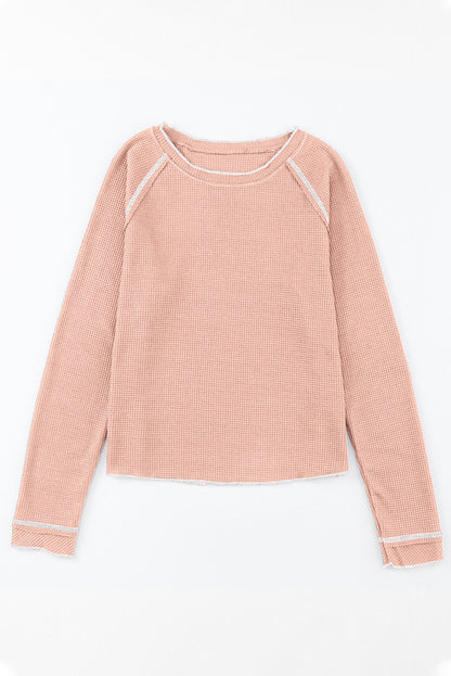 Apricot Pink Textured Round Neck Long Sleeve Top