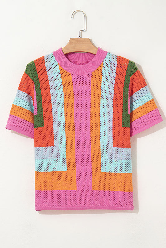 Orange Color Block Eyelet Casual Sweater T Shirt