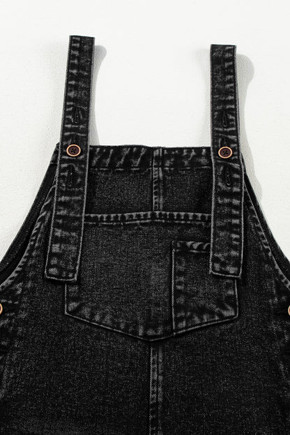 Black Distressed Bib Pocket Wide Leg Denim Overall