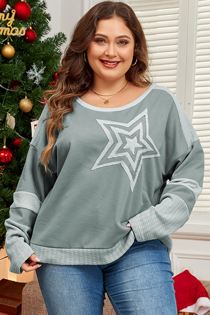 Mist Green Stars Patchwork Round Neck Plus Size T Shirt