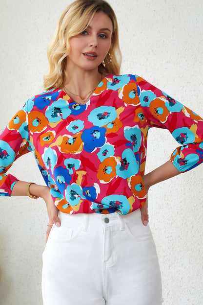 Rose Multicolor Floral Print V Neck 3/4 Sleeve Blouse