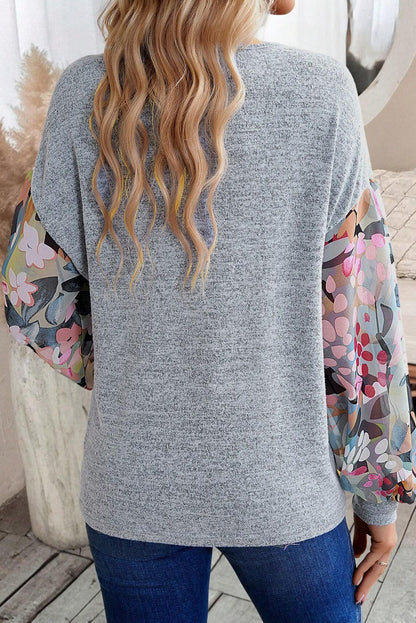 Gray Floral Lantern Sleeve Patchwork Buttoned V Neck Top