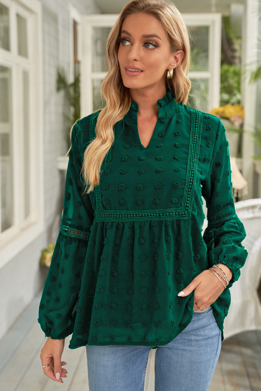 Green Ruffled Split Neck Lace Hollow Out Puff Sleeve Polka Dot Blouse