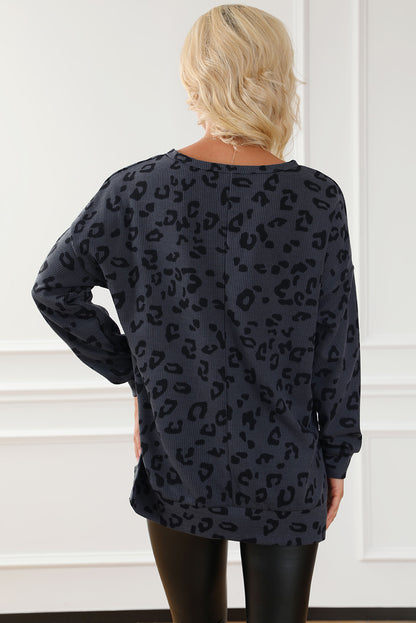 Gray Leopard Print Button Split Neck Waffle Sweatshirt