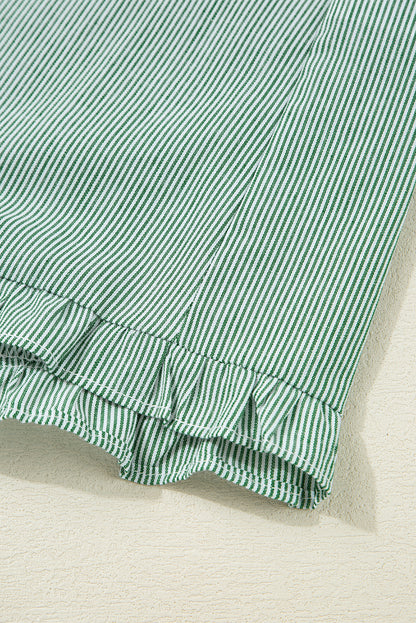 Green Stripe Frilled Sleeveless Collar Front Pocket Button Up Mini Dress