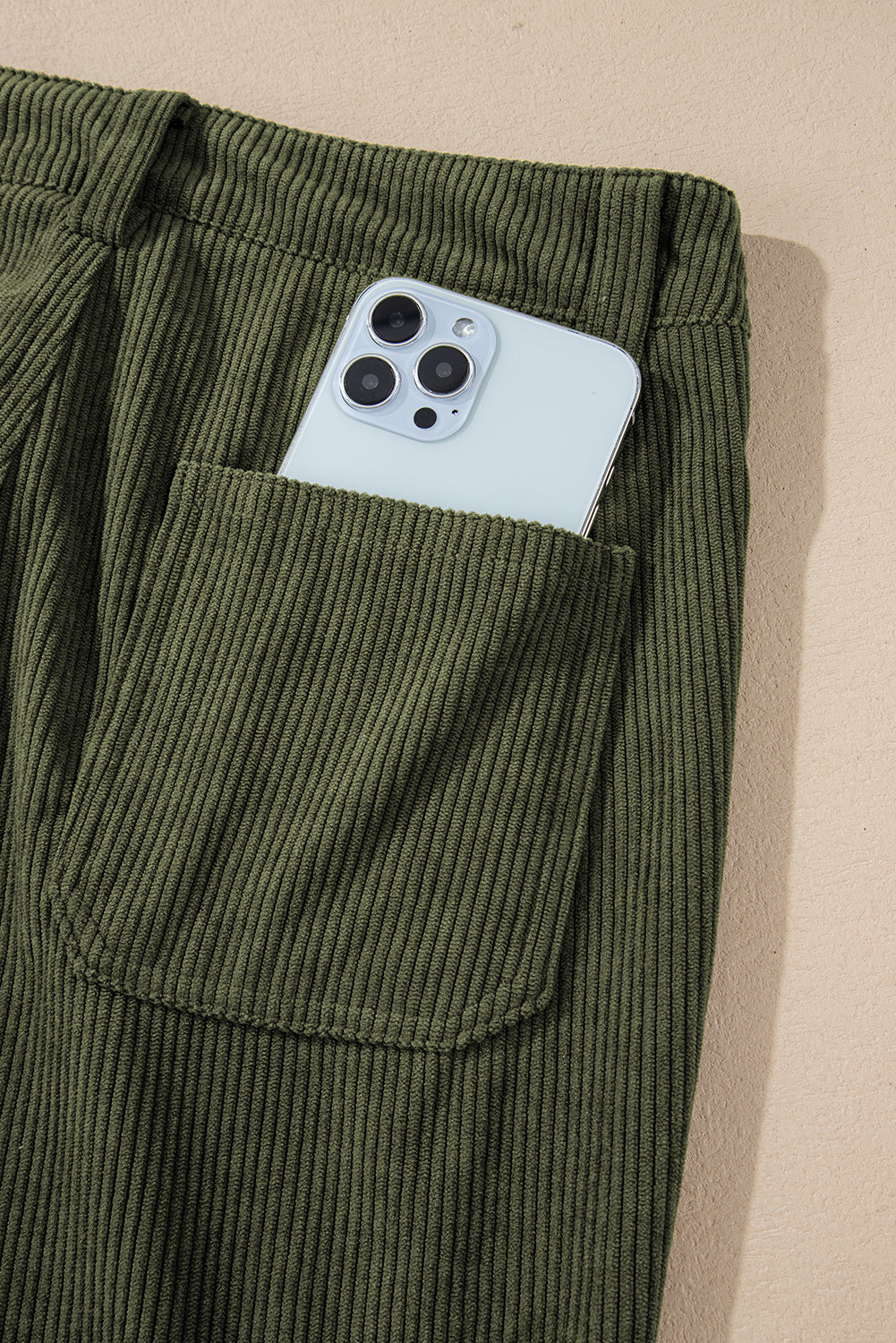 Green High Waist Square Pockets Corduroy Pants