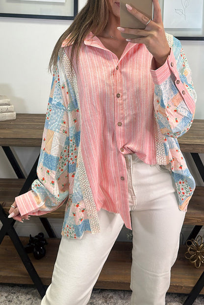 Pink Stripe Floral Patchwork Tunic Loose Fit Shirt