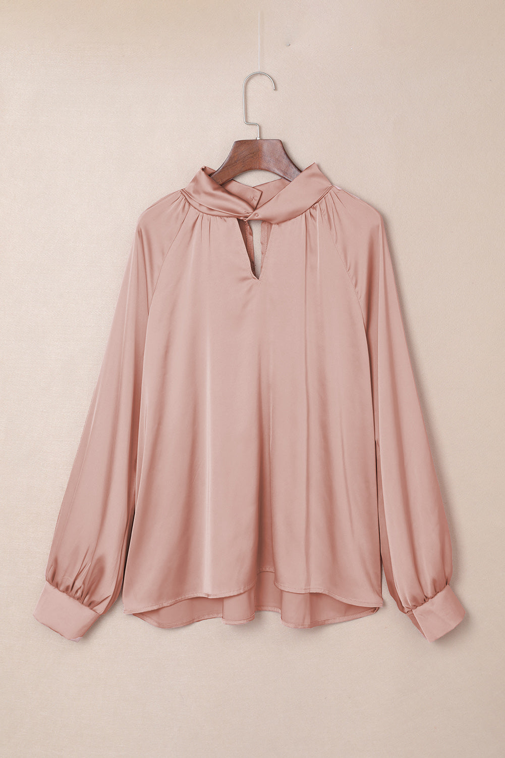 Pink Twist High Neck Puff Sleeve Satin Blouse