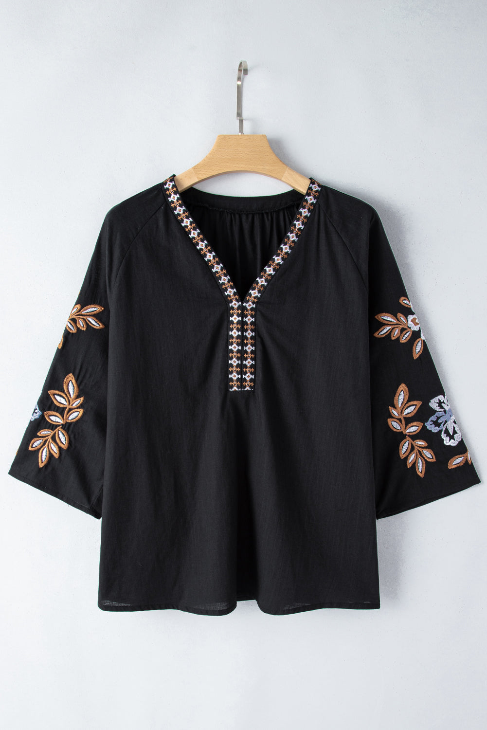 Black Bohemian Floral Embroidered V Neck Blouse