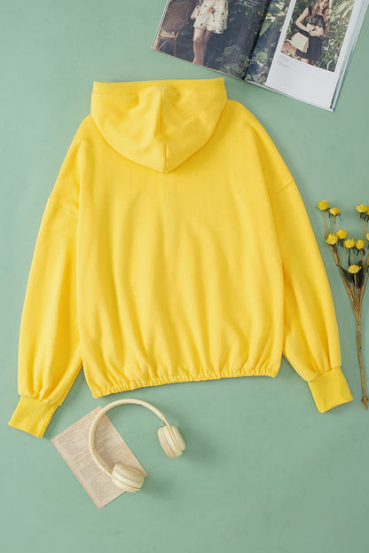 Yellow Ribbed Trim Kangaroo Pocket Zipped Hoodie