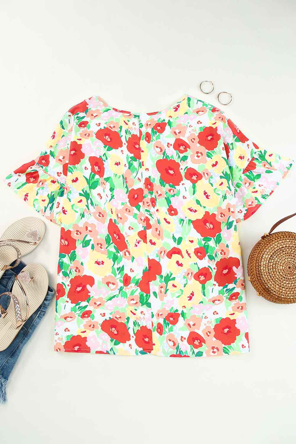 Fiery Red Floral Print Ruffled Short Sleeve V Neck Blouse