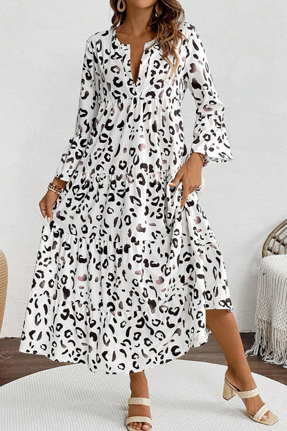 White Leopard Print Notch V Neck Loose Fit Maxi Dress