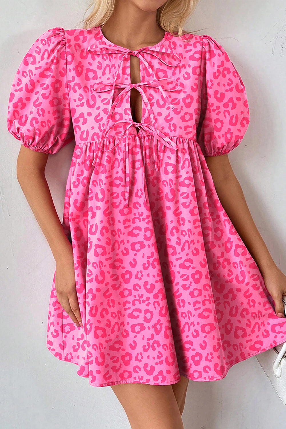 Women's casual Pink Leopard Print Baby Doll dress - Puff Sleeves, tie front Mini dress for women spring/ summer front view.