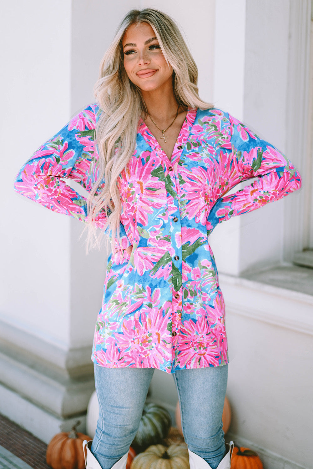 Pink Flower Print Long Sleeve Button Up Cardigan