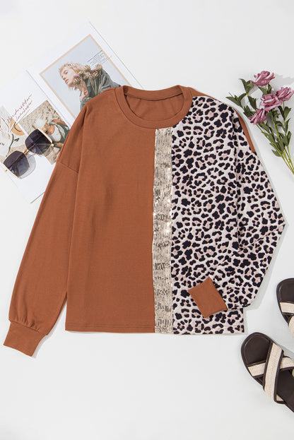 Gold Flame Leopard Print Sequin Colorblock Long Sleeve Top