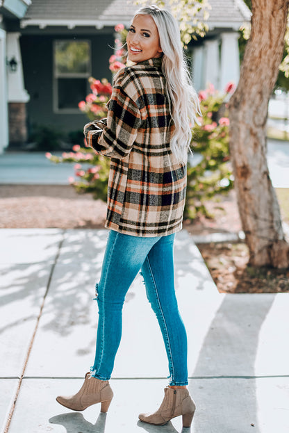 Orange Geometric Plaid Print Pocketed Shacket