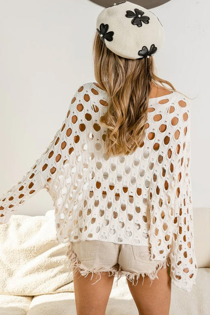 Beige Hollow-out Eyelet Knit Sweater