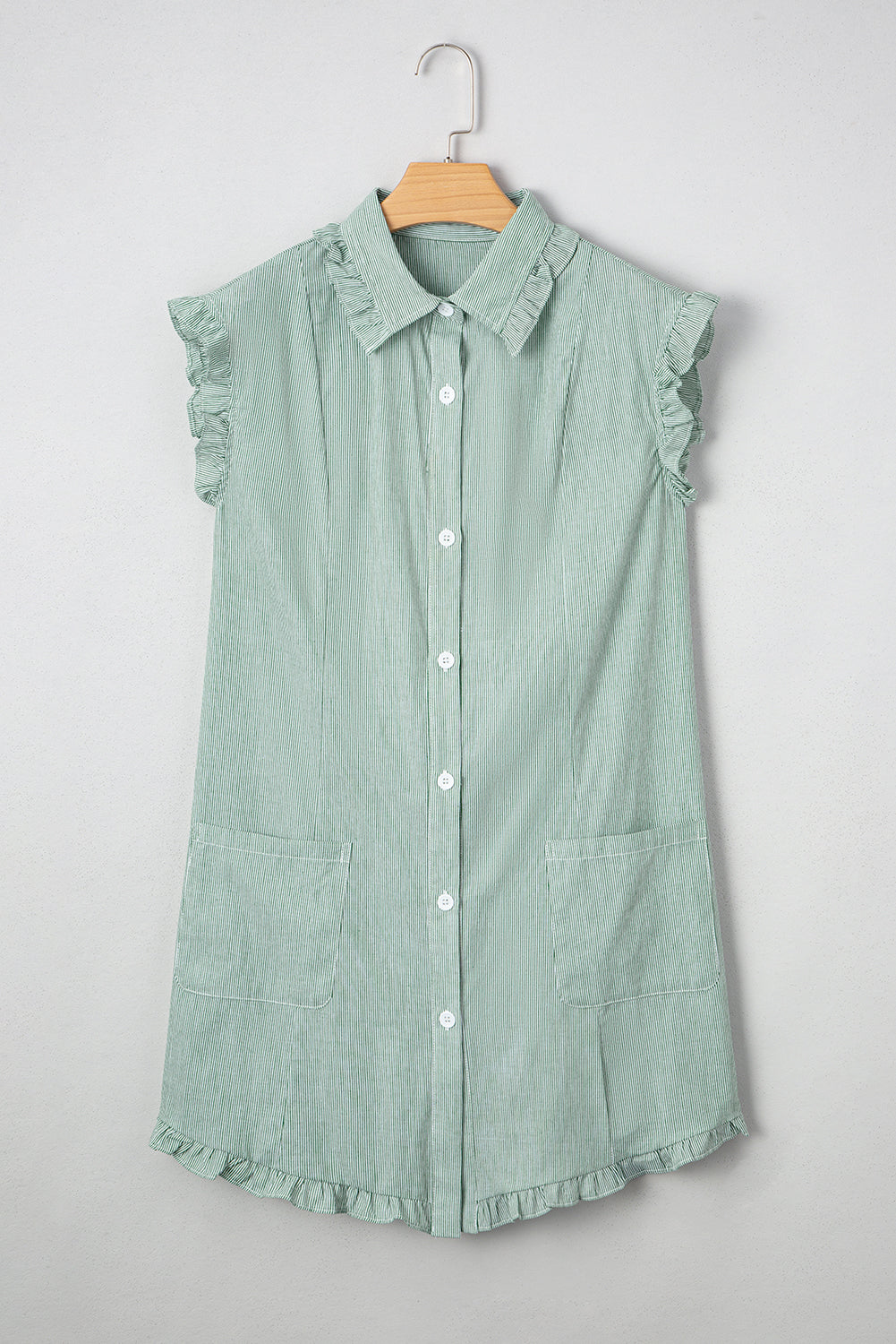Green Stripe Frilled Sleeveless Collar Front Pocket Button Up Mini Dress