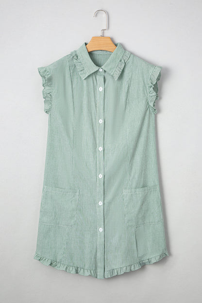 Green Stripe Frilled Sleeveless Collar Front Pocket Button Up Mini Dress