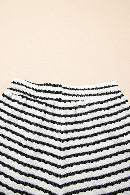 Black Stripe Knitted Short Sleeve Top and Drawstring Shorts Set