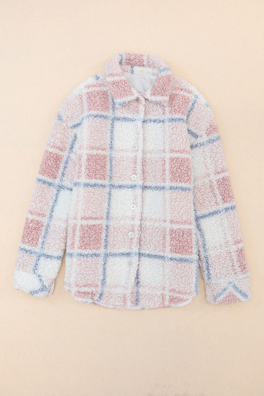 Multicolor Checker Print Turn Down Collar Sherpa Shacket