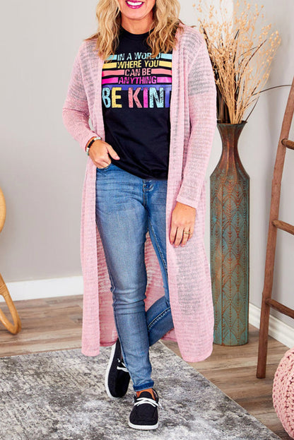 Pink Sheer Knitted Long Side Slit Plus Size Cardigan